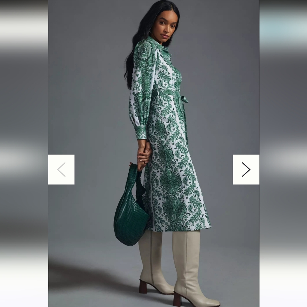 Green Paisley-Print Long-Sleeve Midi Dress
